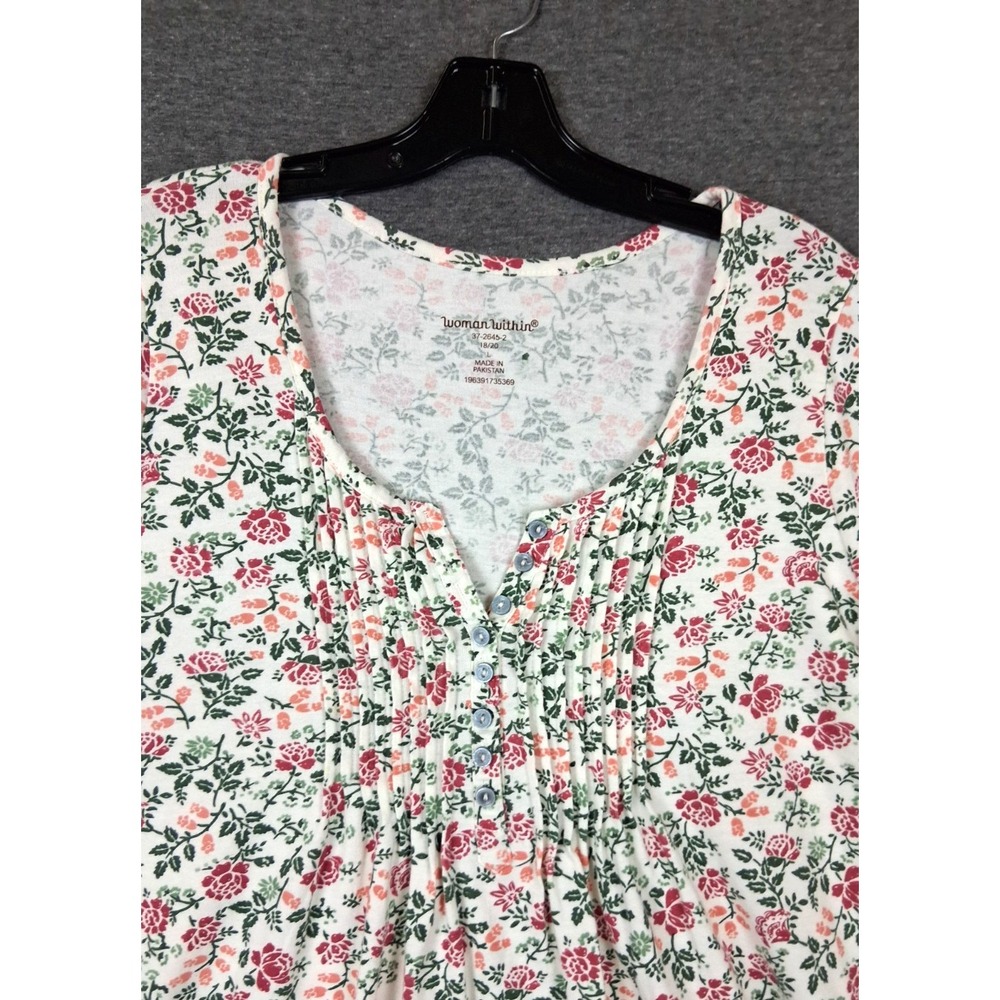 Woman Within Shirt L 18 20 White Multi Ditsy Flora Pintucked Popover CottageCore